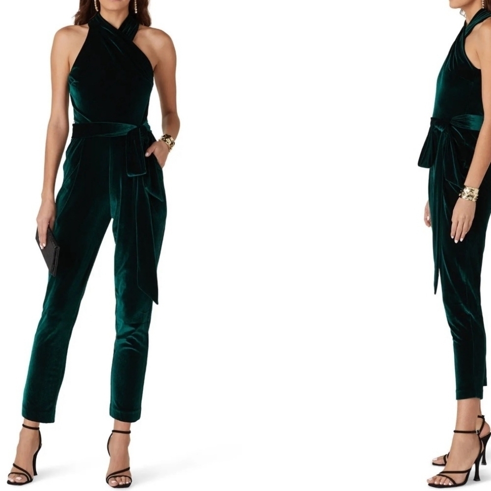 Rachel Rachel Roy Elegant Harland Open Back Green Velvet Jumpsuit Size XL